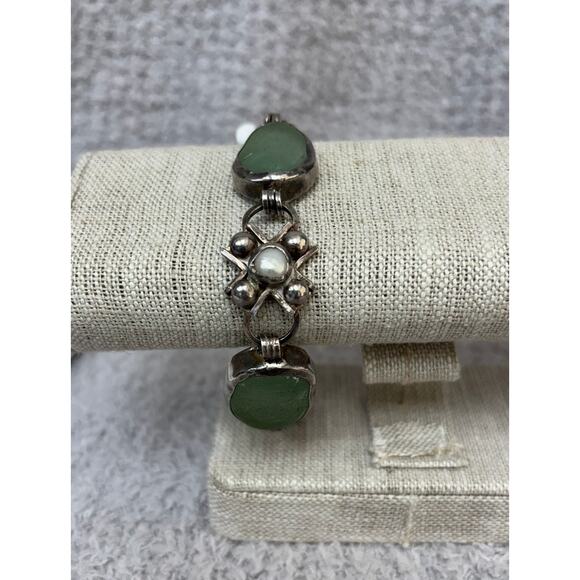 Silver Green Sea Glass & Pearl Link Bracelet 7.75" AS IS #65109 - Picture 1 of 6
